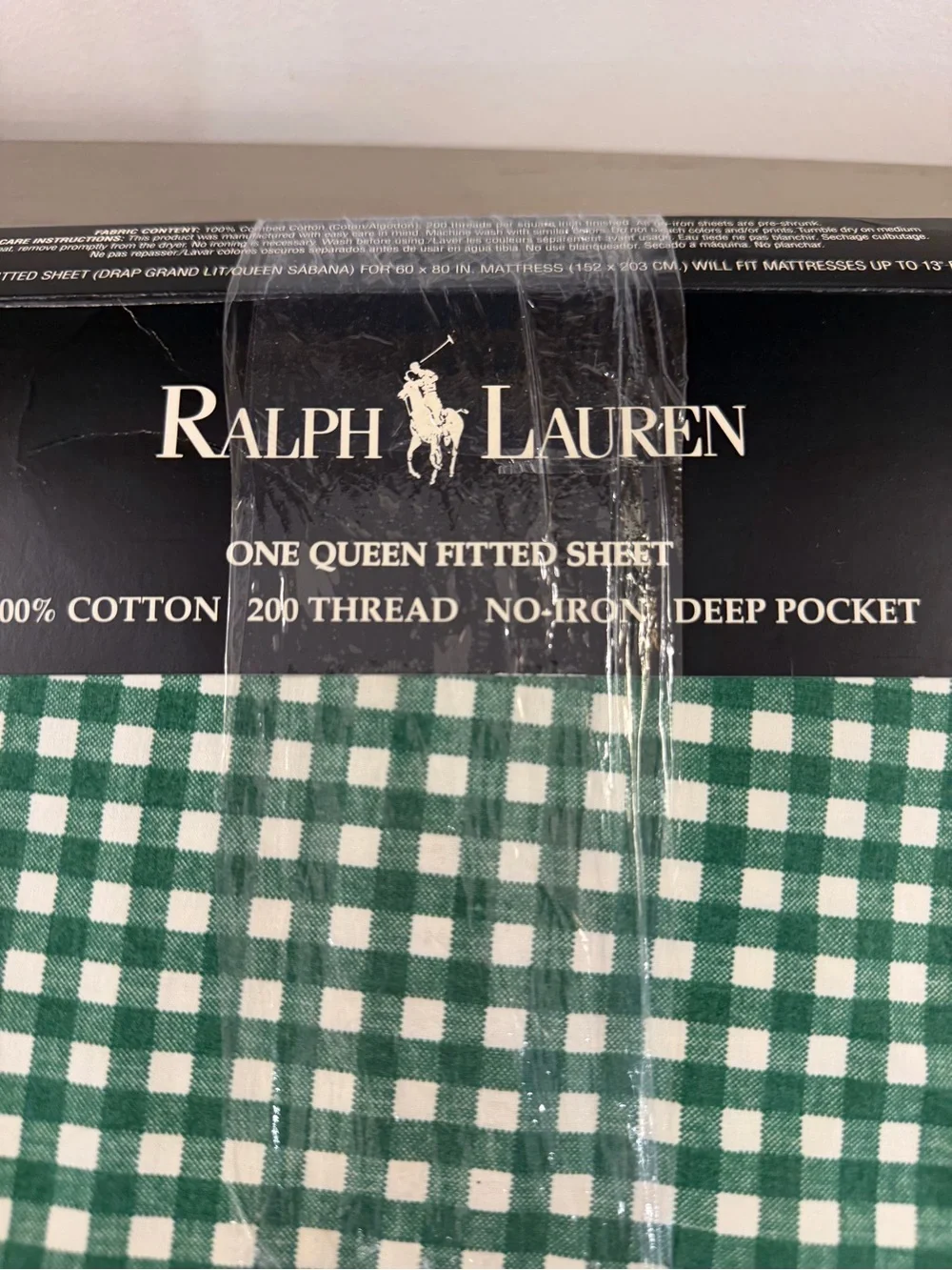 Ralph Lauren Wendy Gingham Queen Size Fitted Sheet Green Cotton NEW Open Package
